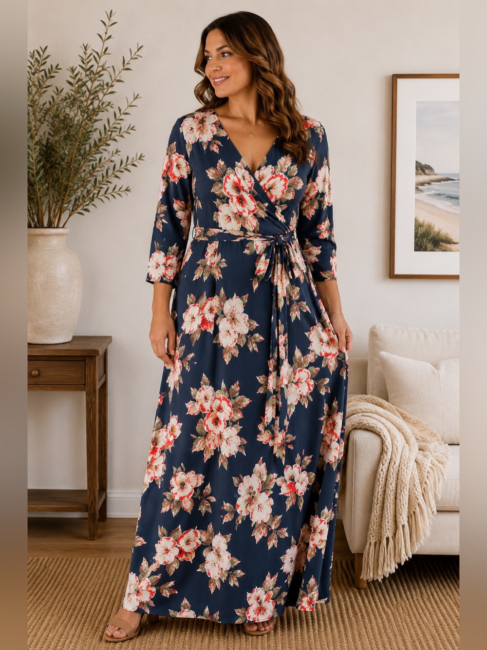 Pink Blush Floral Faux Wrap Maxi Dress XL Navy Blue Floral Resort Vacation Style